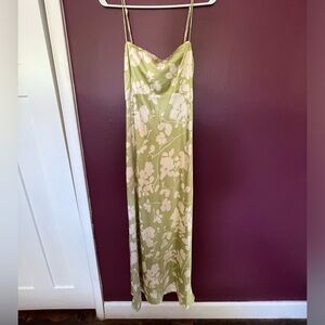 Green and White Printed Satin Cowl Back Slip Midi Dress - Abercrombie - Large